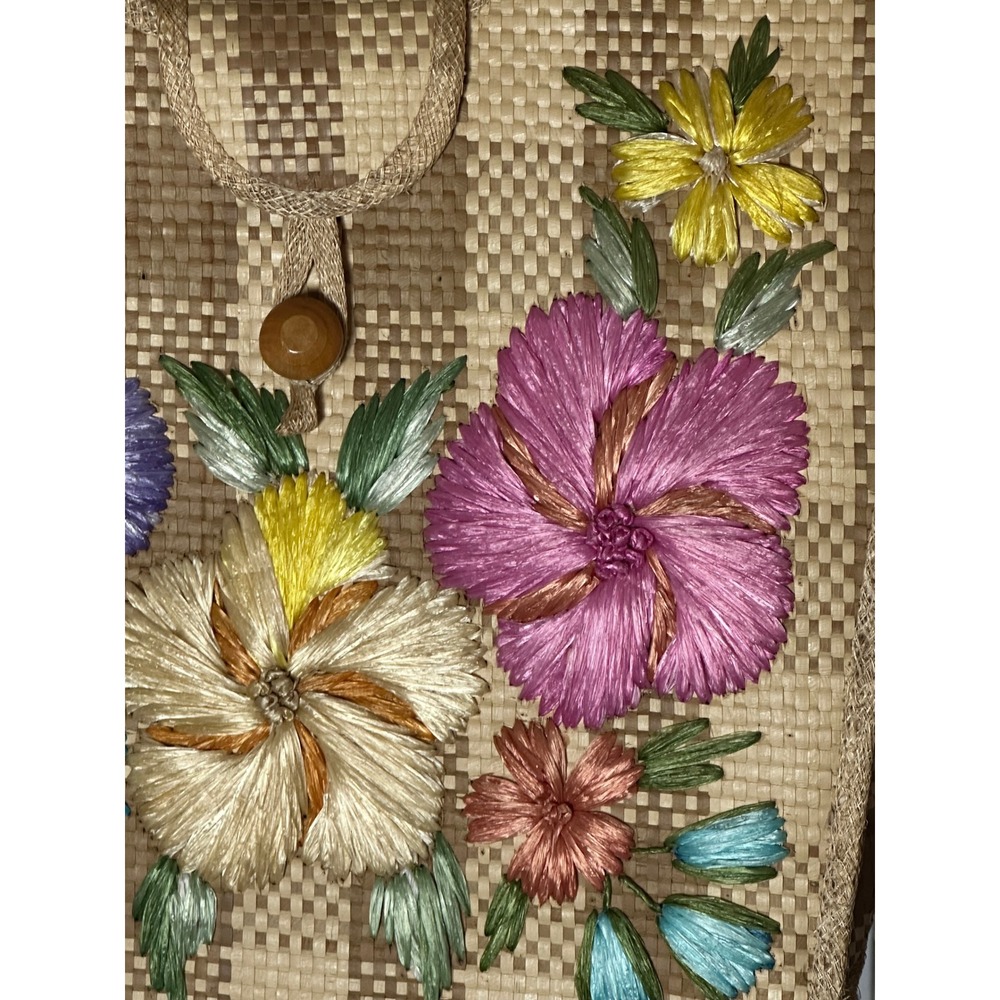 Vintage 1960s Bags By Whidby Inc. Raffia Straw Tote Bag 3D Floral Embroidery - Picture 2 of 11